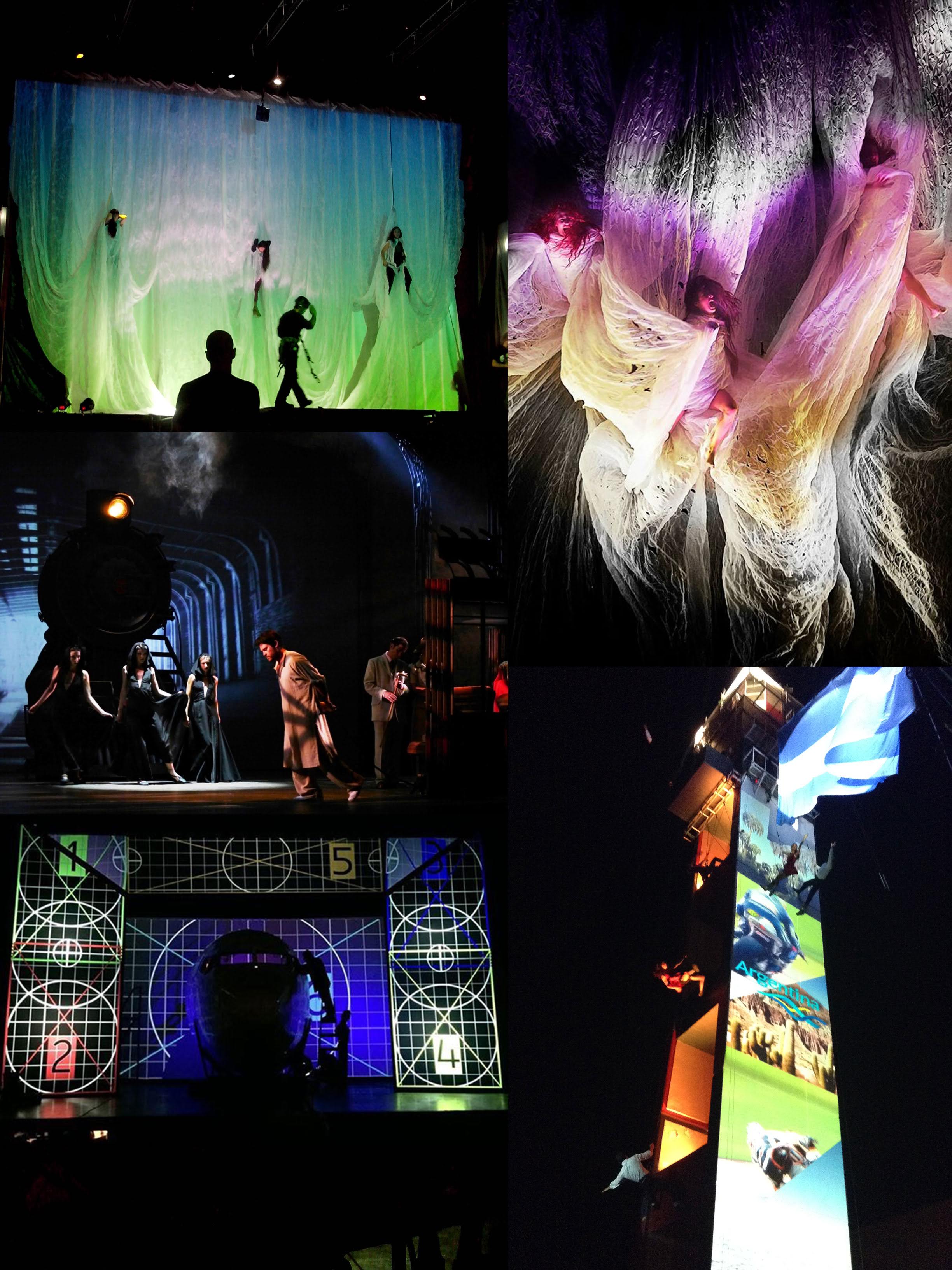 Theatrical spatial design studies with light, fabric, performance, and projection